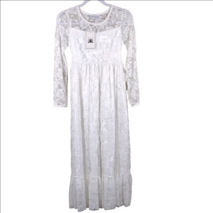 Only Little Once White Rose Floral Lace Sheer Long Sleeve Ruffle Hem Maxi Dress